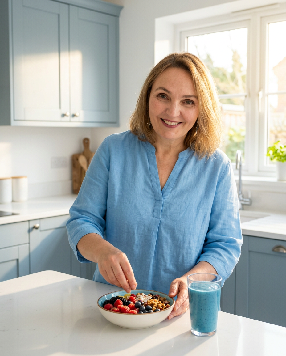 Sorina preparing a colourful healthy breakfast in a bright blue kitchen
